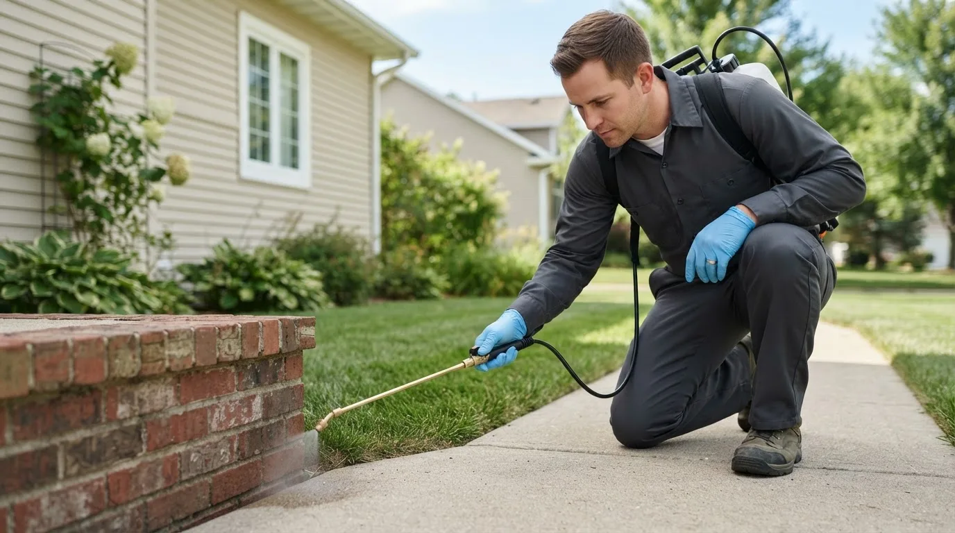 Pest control technician treating a home near Irwin, OH